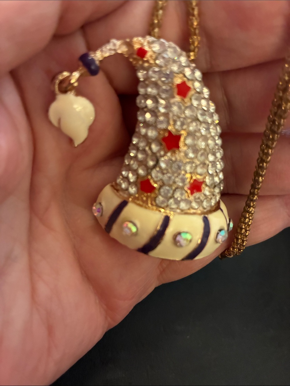 Gold-Tone Crystal and Enamel Witch Hat Pendant Necklace - Ivory & Red